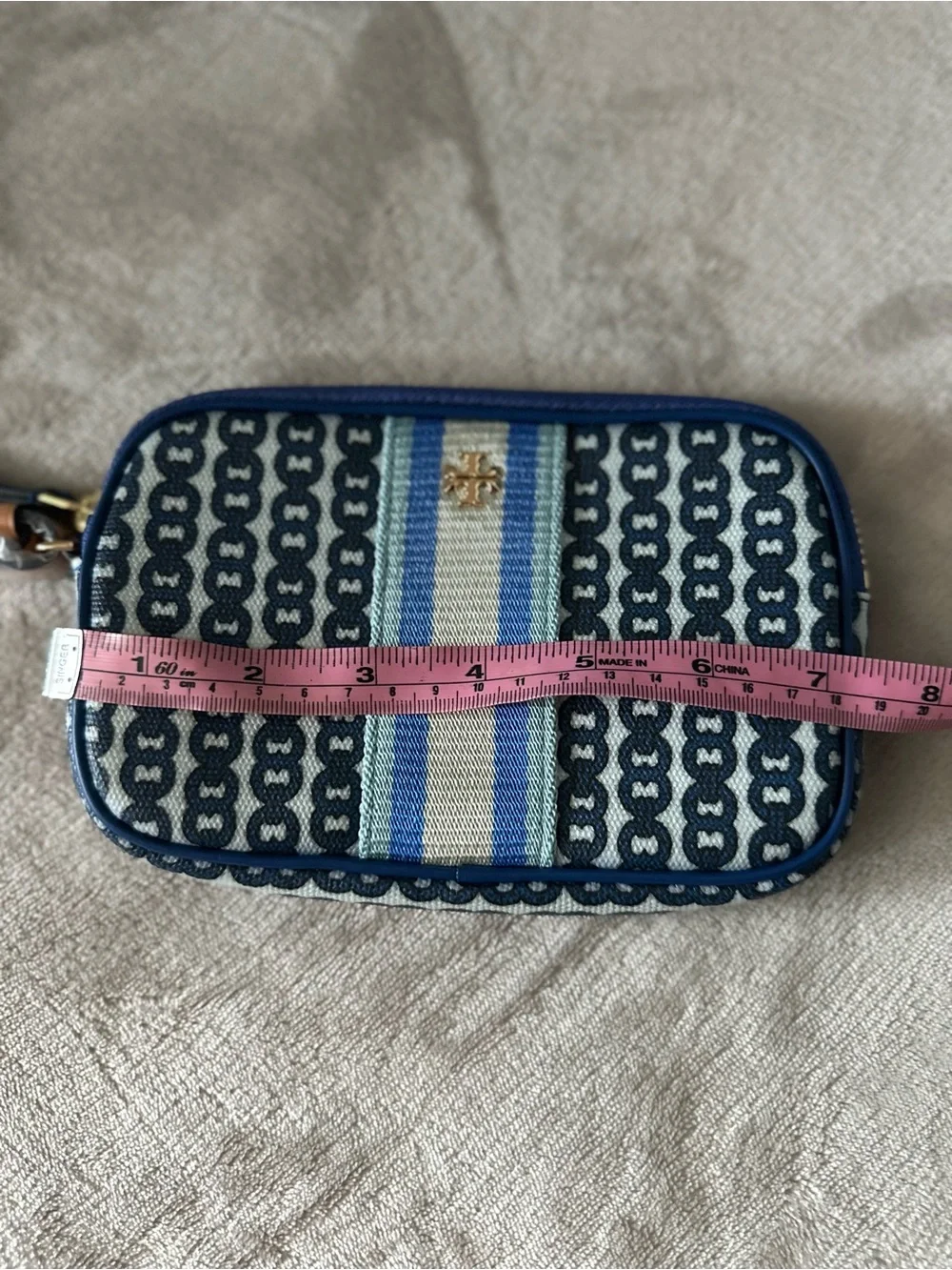Tory Burch Navy and Light Blue Chain-Print Wristlet with Cream Stripe